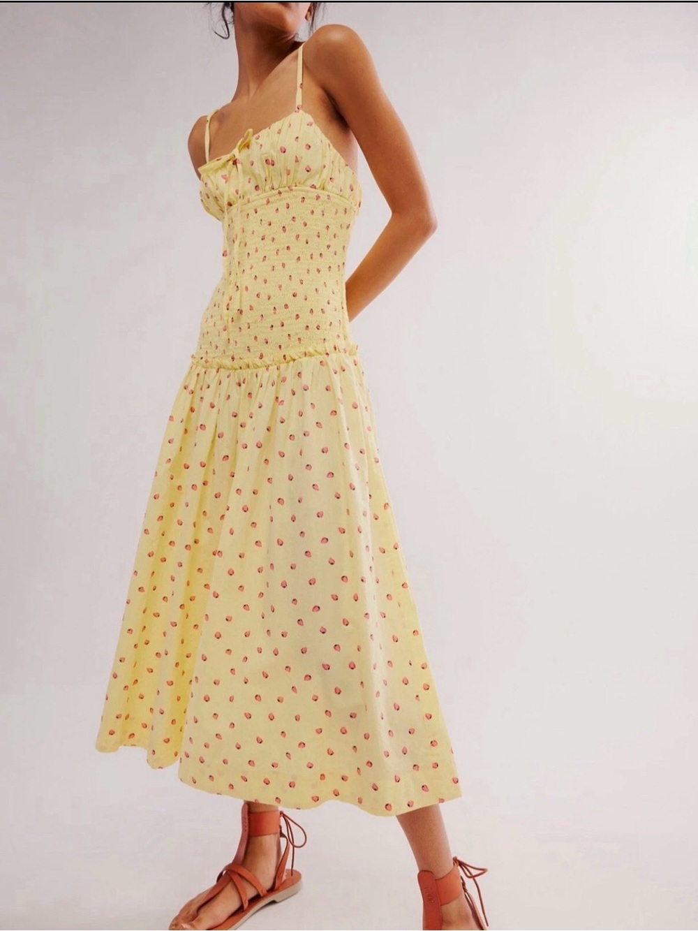 Free People Yellow Strawberry Print Smocked Midi Dress, Size XS